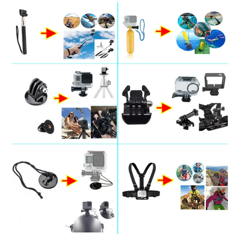 Black sports camera accessories set with mounts, straps, tripods, and 144 anti-fog films on display