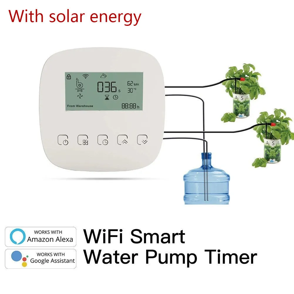Graffiti smart home rechargeable sprinkler timer with WiFi timing, 2600mAh battery, and drip irrigation accessories