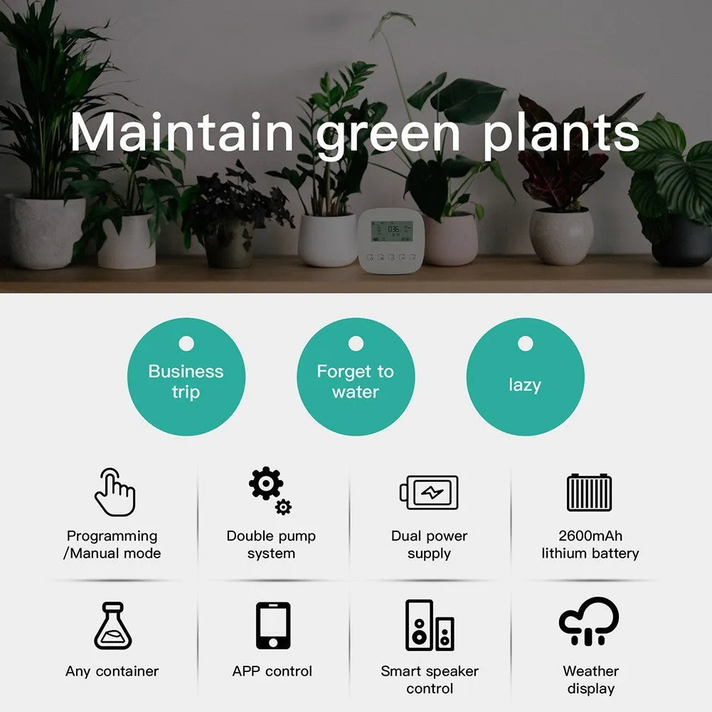 Graffiti smart home rechargeable sprinkler timer with WiFi timing, 2600mAh battery, and drip irrigation accessories
