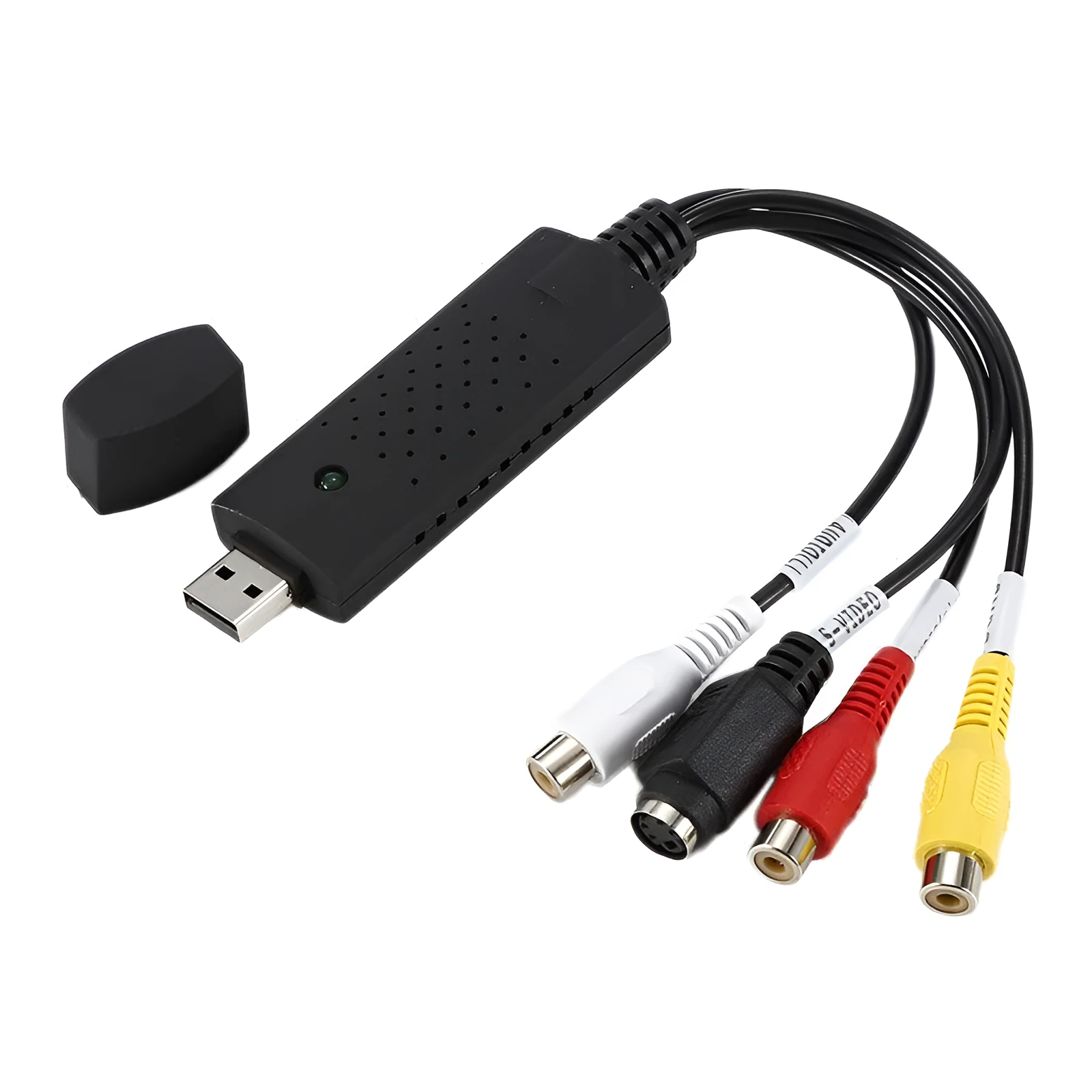 USB VHS to DVD converter with S-Video and composite inputs, 88mm x 28mm x 18mm, green LED