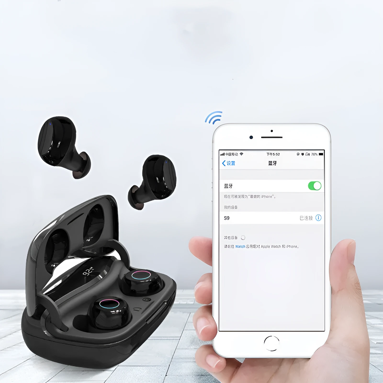 Bluetooth earphone in black with plastic body and in-ear fit for wireless music listening