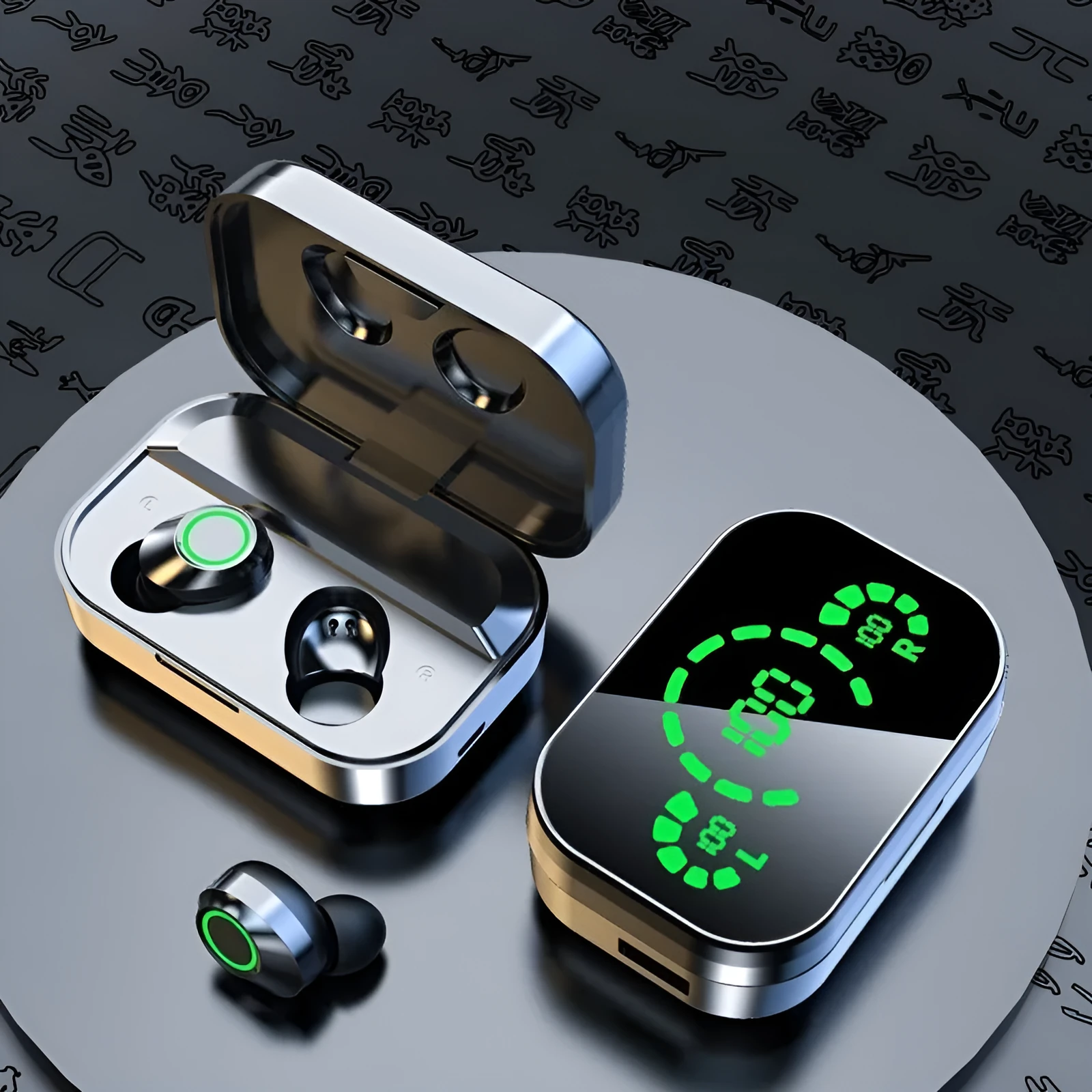 Black wireless earbuds with large screen digital display charging case and breathing light