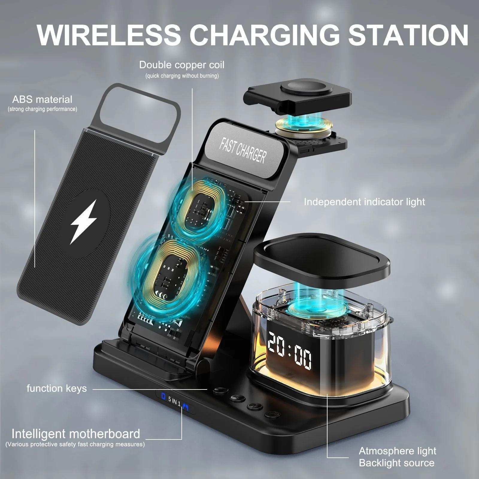 Black wireless charging stand three-in-one folding bracket with smartphone placed on angled charging pad