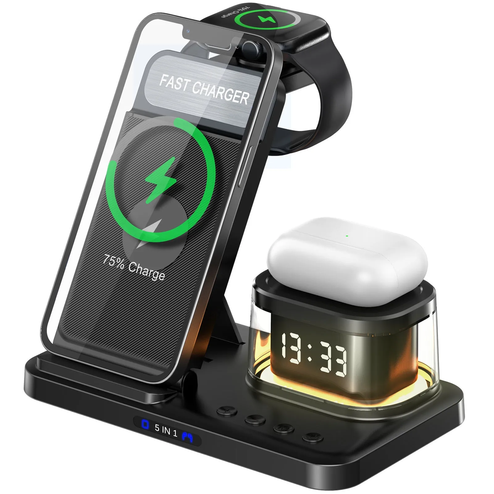 Black wireless charging stand three-in-one folding bracket with smartphone placed on angled charging pad