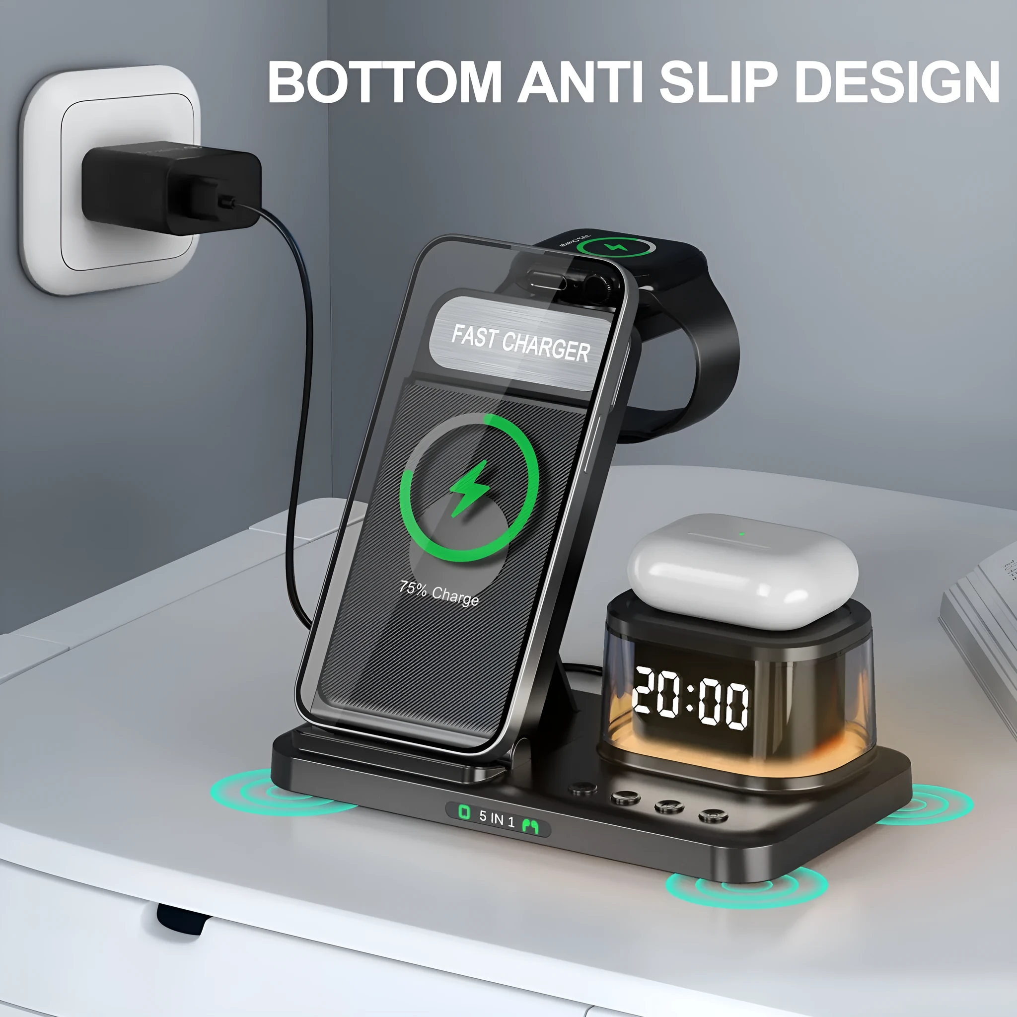 Black wireless charging stand three-in-one folding bracket with smartphone placed on angled charging pad