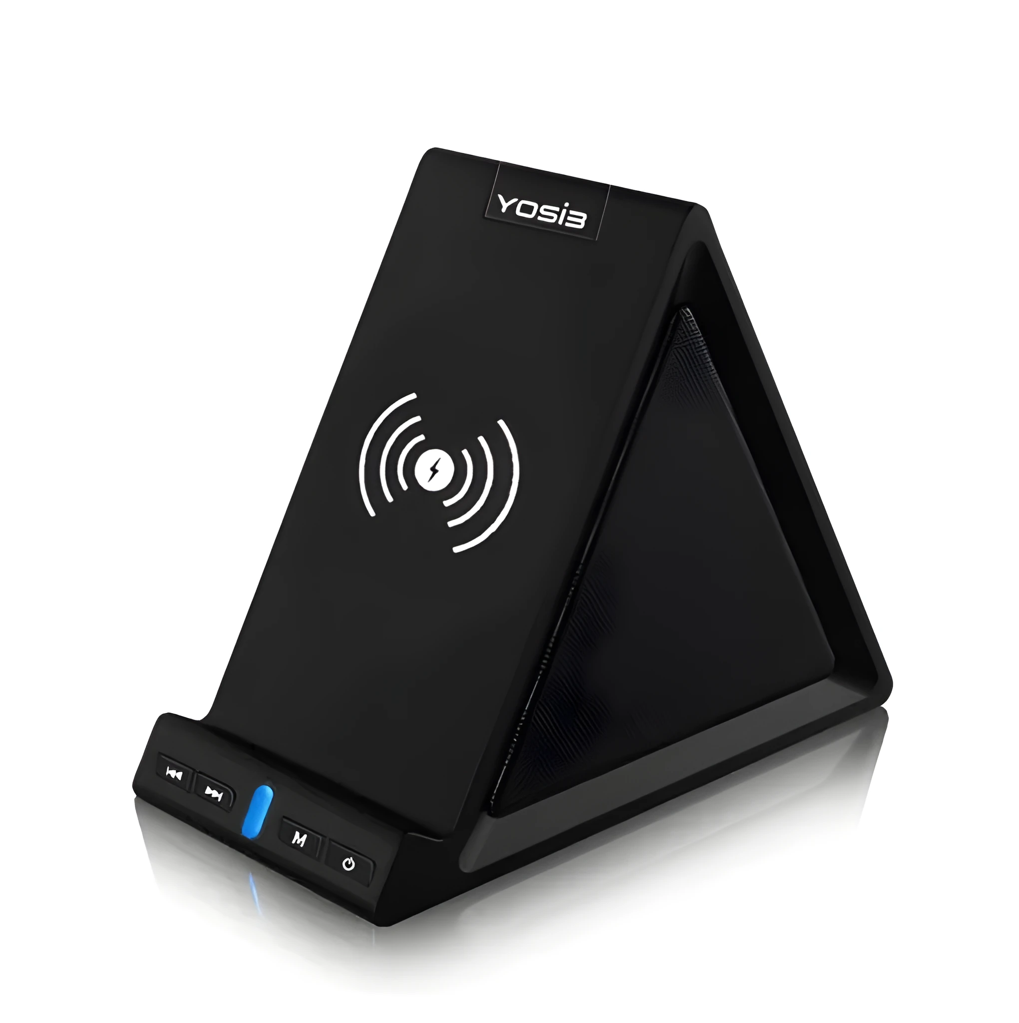 Black portable Bluetooth speaker with integrated mobile phone stand and wireless charging function.