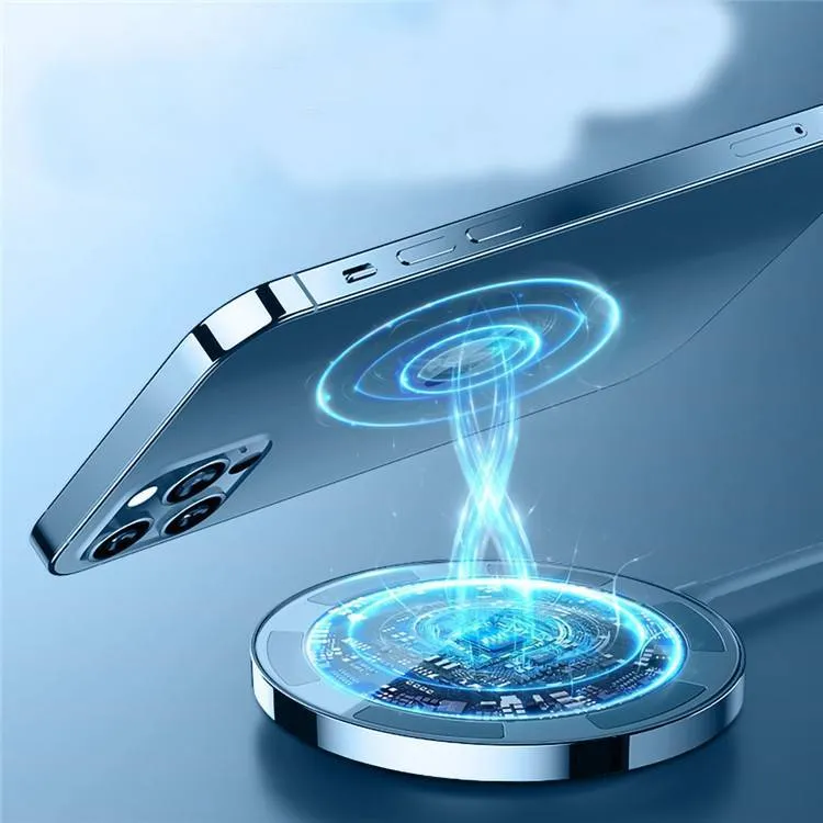 15W magnetic wireless charger in black, blue, and white – ABS body with built-in magnet
