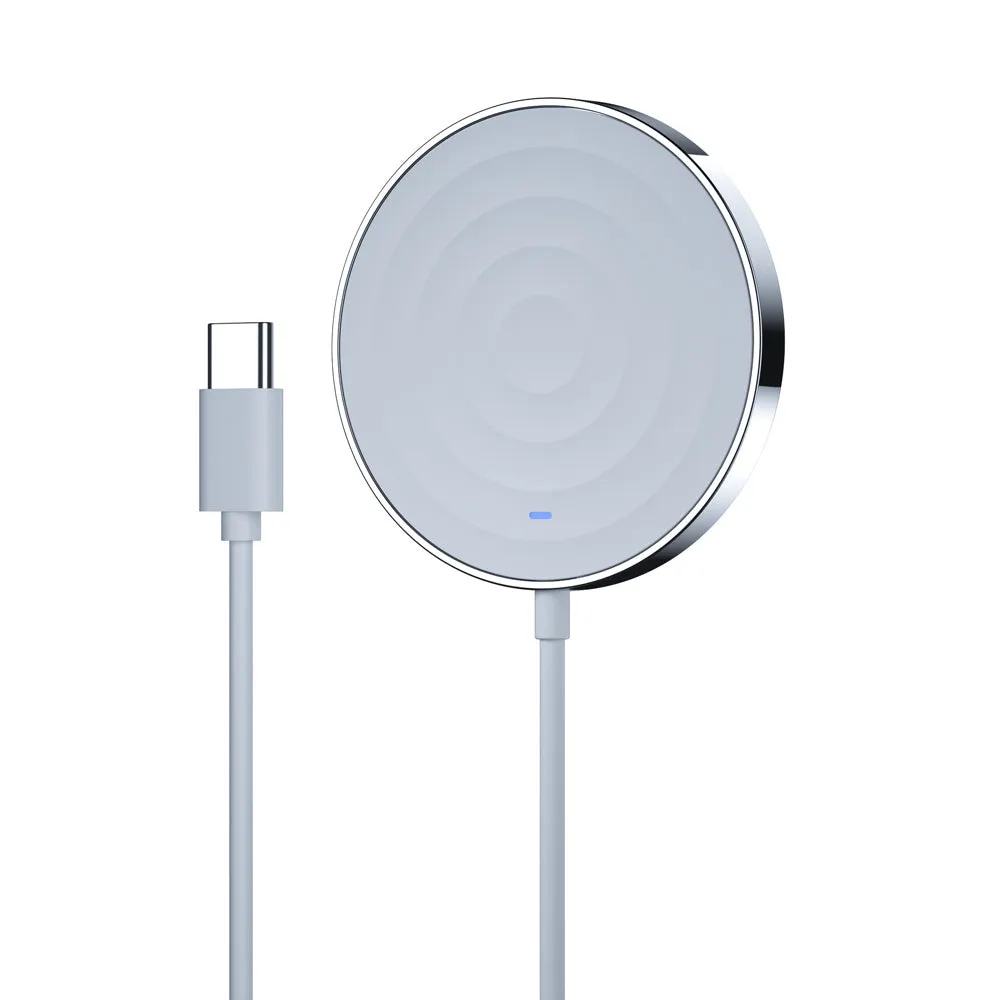 15W magnetic wireless charger in black, blue, and white – ABS body with built-in magnet