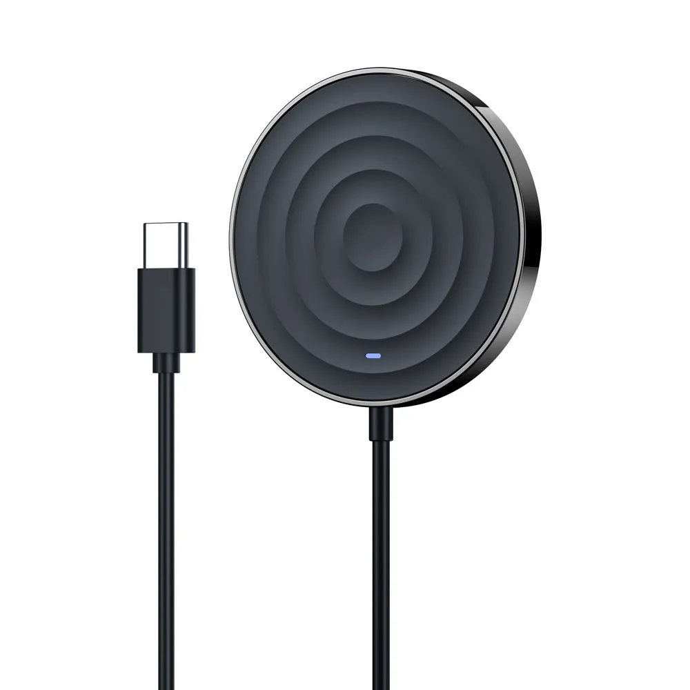 15W magnetic wireless charger in black, blue, and white – ABS body with built-in magnet