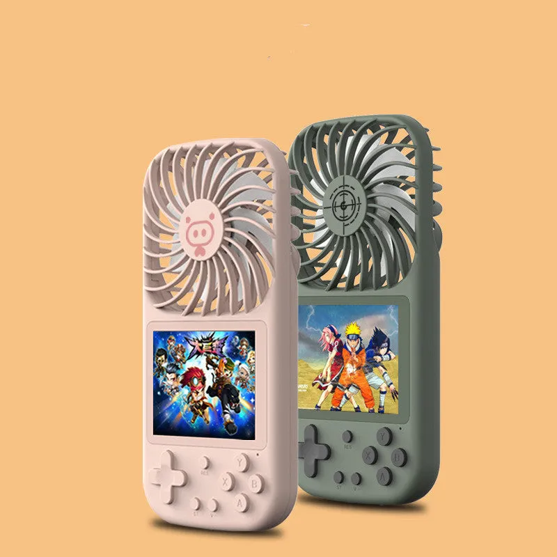 Mini handheld game console with built-in fan, 2.8-inch screen, in Dark Green colour with trendy printed back