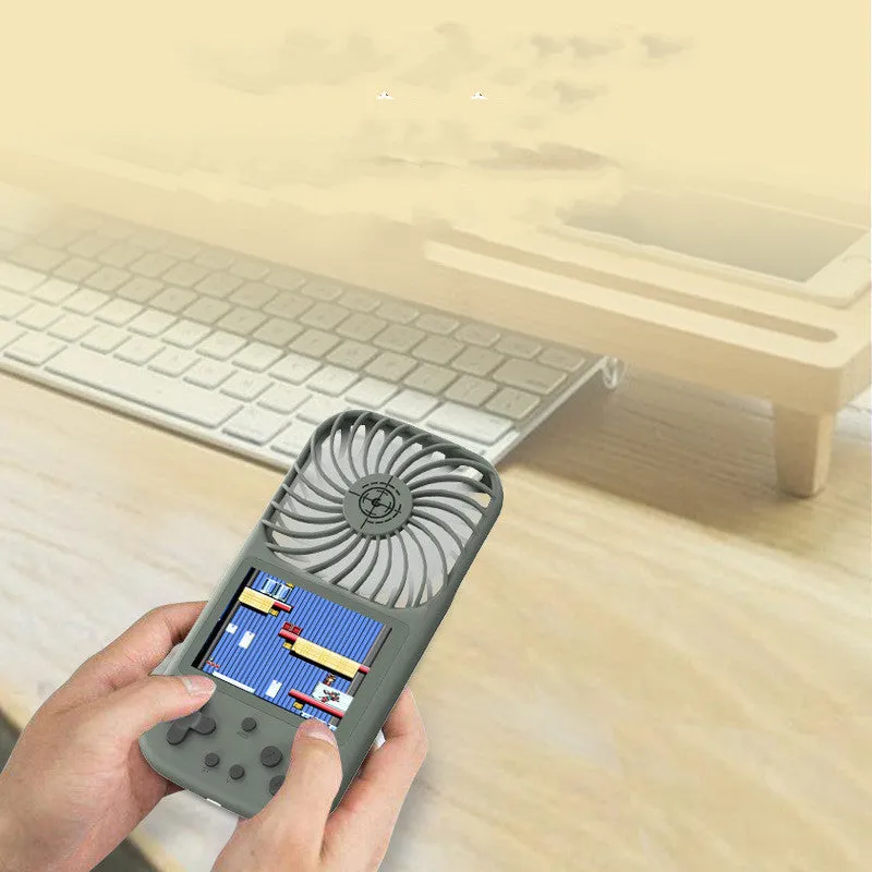 Mini handheld game console with built-in fan, 2.8-inch screen, in Dark Green colour with trendy printed back