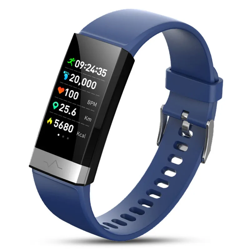 V19 smart health monitoring bracelet with colour display showing ECG and SpO2 readings on wrist