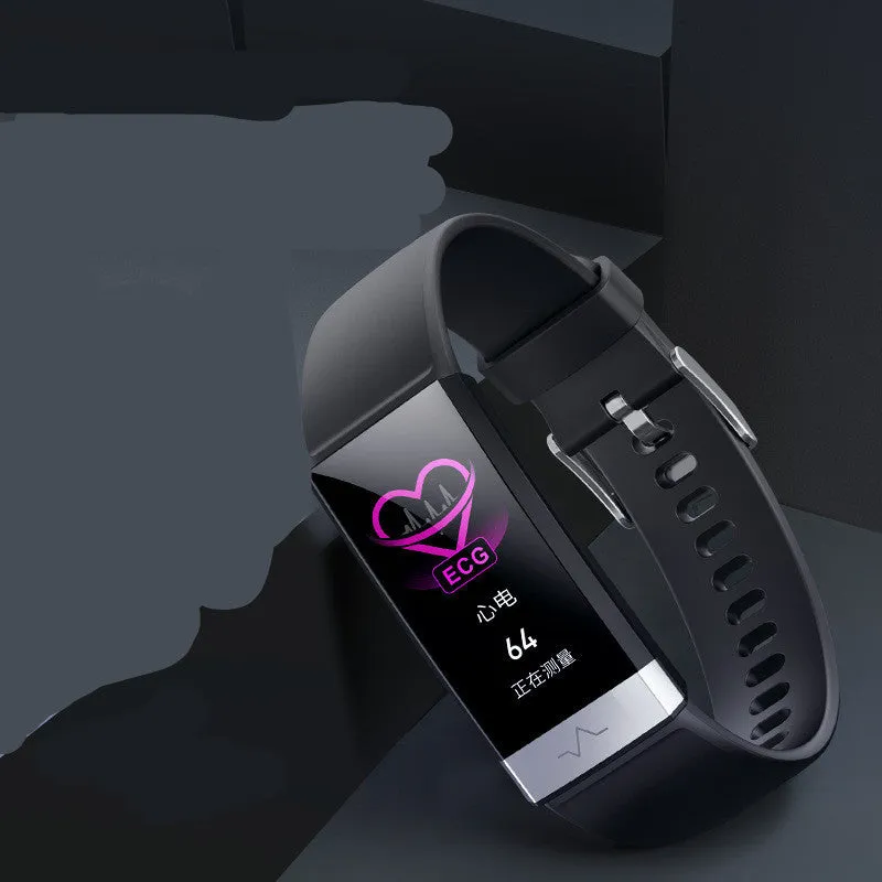 V19 smart health monitoring bracelet with colour display showing ECG and SpO2 readings on wrist