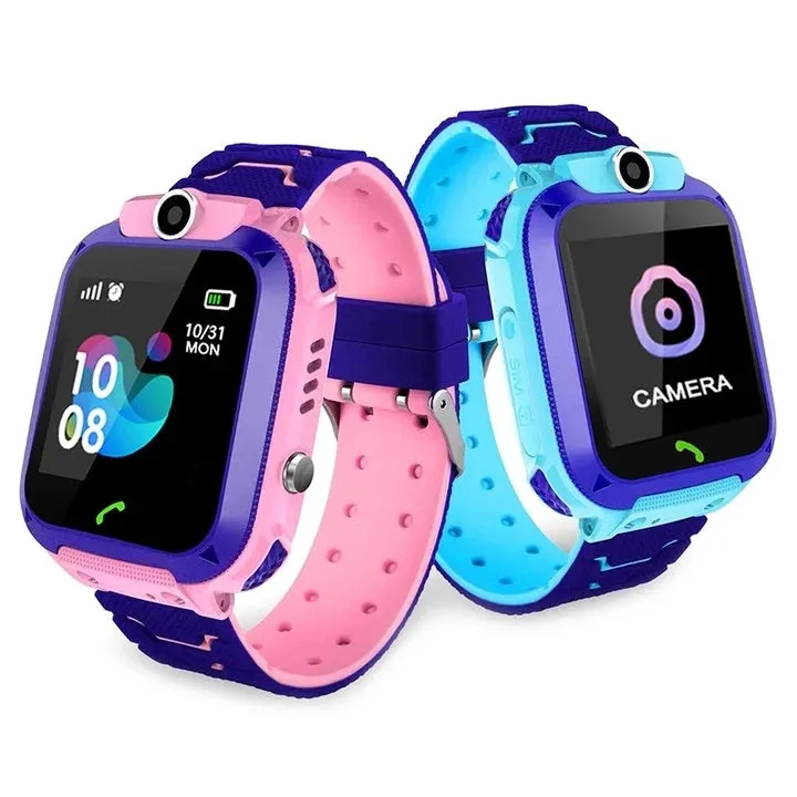 Children's phone watch with GPS positioning, touch screen, and camera on silicone wristband in blue and pink colours