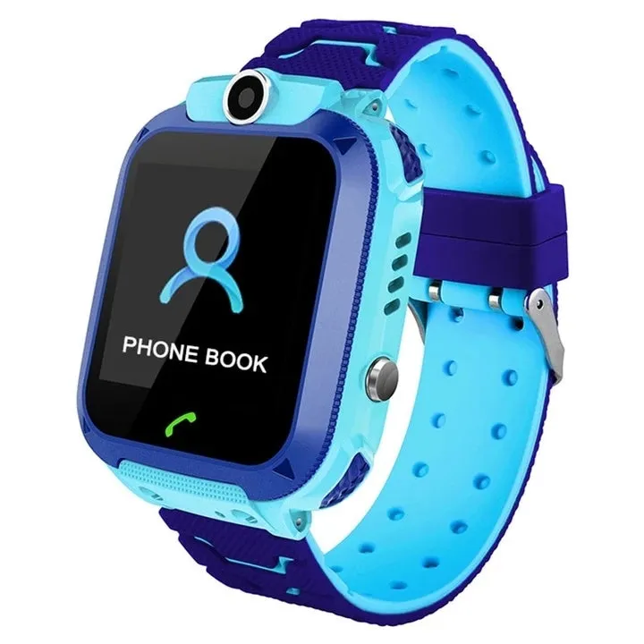 Children's phone watch with GPS positioning, touch screen, and camera on silicone wristband in blue and pink colours