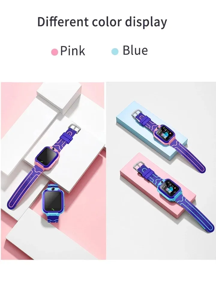 Children's phone watch with GPS positioning, touch screen, and camera on silicone wristband in blue and pink colours