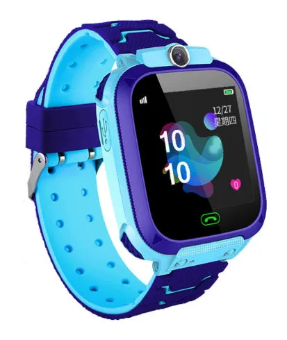 Children's phone watch with GPS positioning, touch screen, and camera on silicone wristband in blue and pink colours