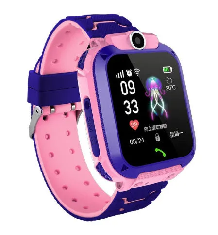 Children's phone watch with GPS positioning, touch screen, and camera on silicone wristband in blue and pink colours