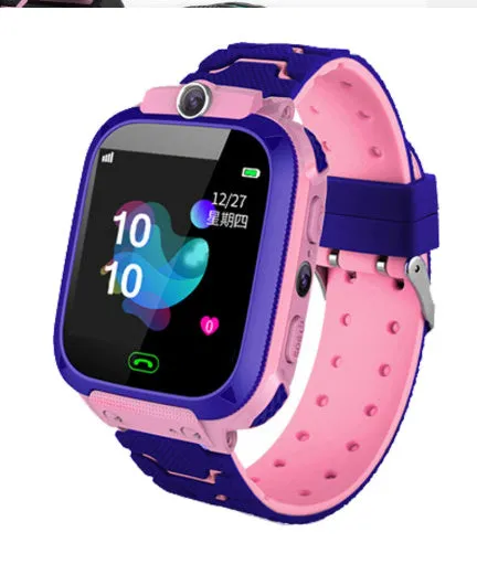 Children's phone watch with GPS positioning, touch screen, and camera on silicone wristband in blue and pink colours
