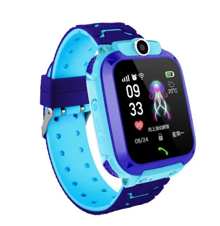 Children's phone watch with GPS positioning, touch screen, and camera on silicone wristband in blue and pink colours