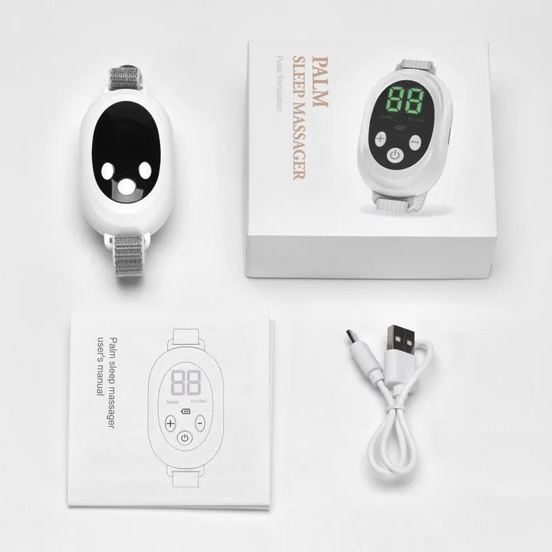 White sleep aid device with handheld remote control showing 20 gear settings and USB charging port