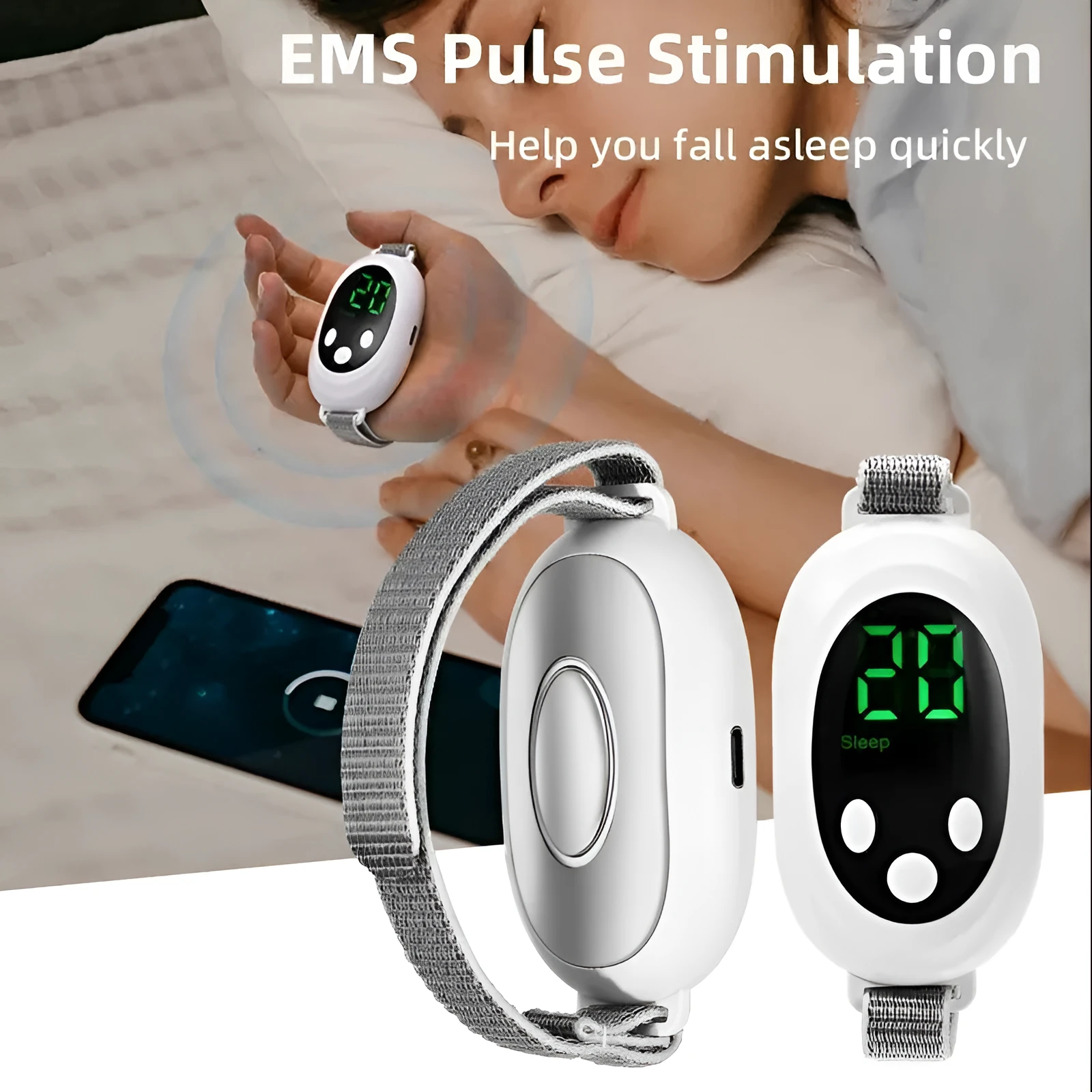 White sleep aid device with handheld remote control showing 20 gear settings and USB charging port