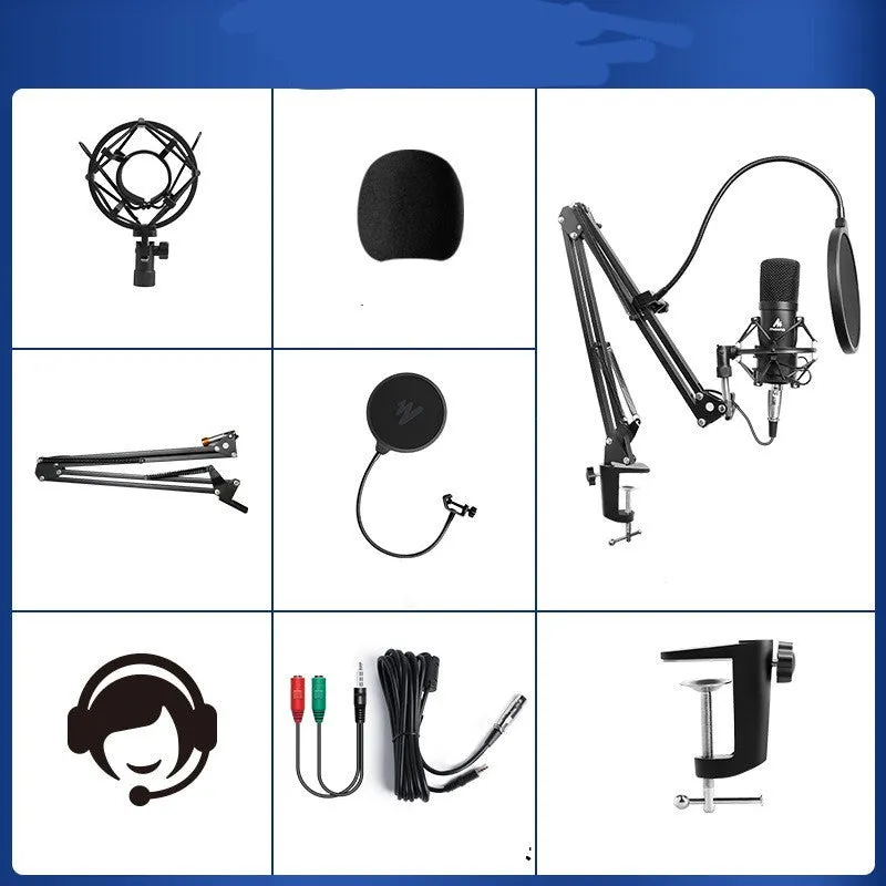 Black wired capacitor microphone with shockproof support and cantilever frame for phone K song and computer recording