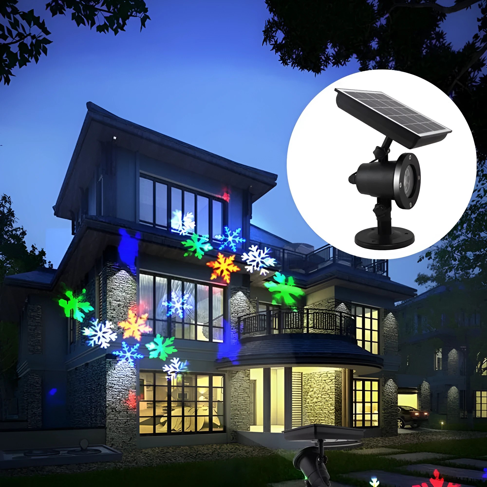 Garden Snow Lamp solar LED snowflake light with red, green, and blue multicolour glow placed in a garden lawn