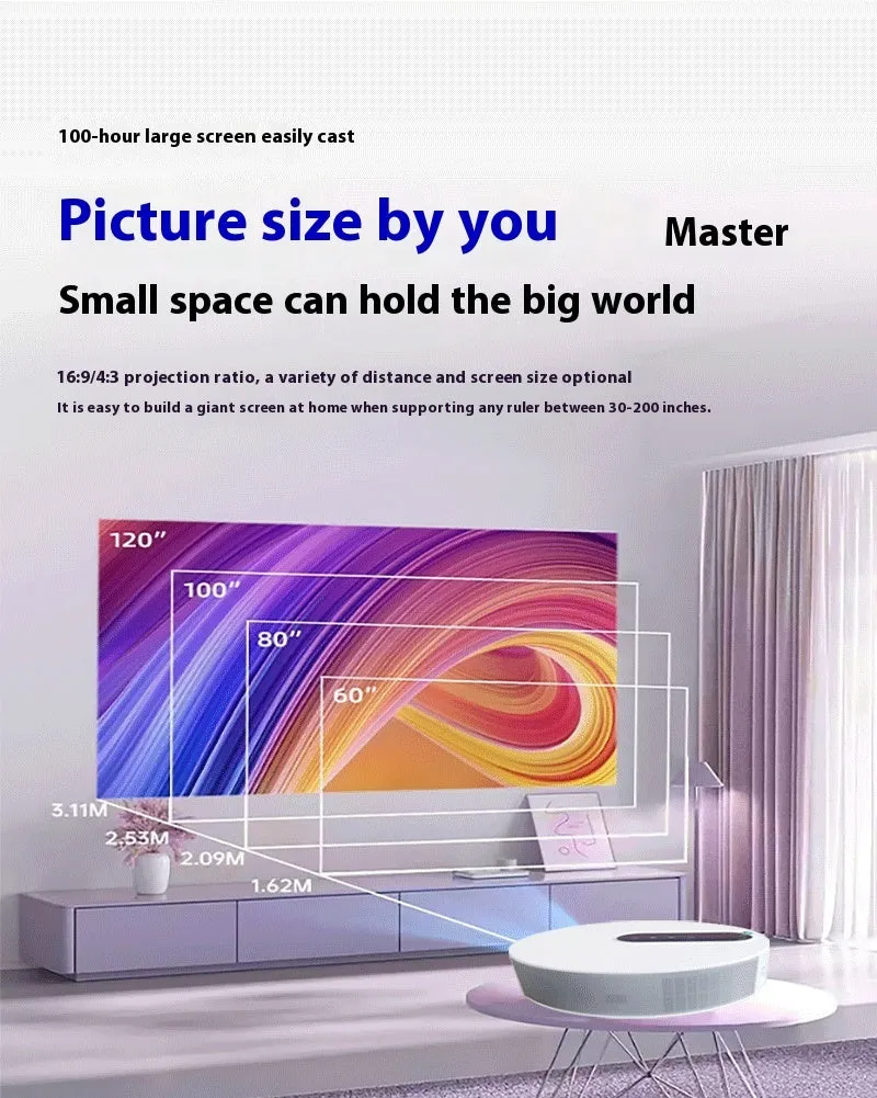 White HD home projector with remote control on table for bedroom cinema setup