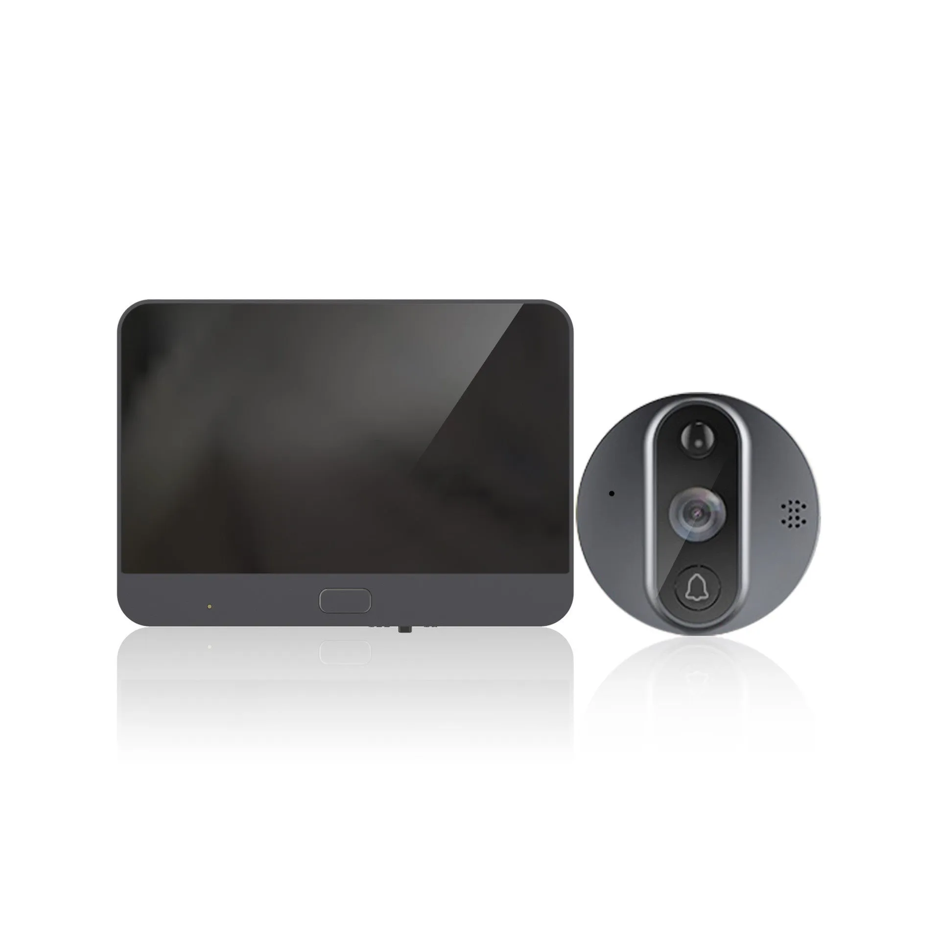 5-inch WiFi smart electronic peephole with black housing, LCD screen, and doorbell button for home security