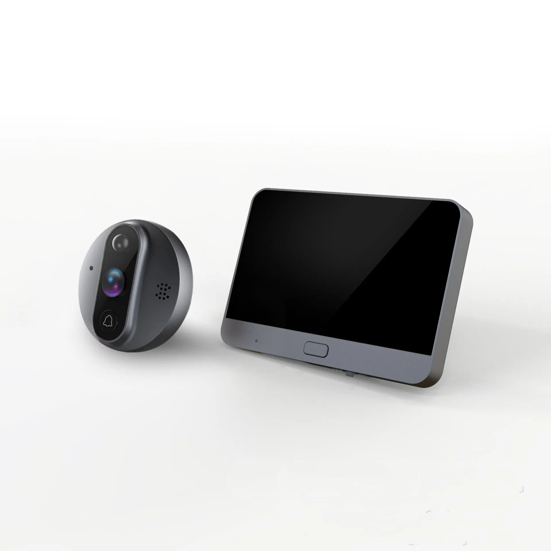 5-inch WiFi smart electronic peephole with black housing, LCD screen, and doorbell button for home security