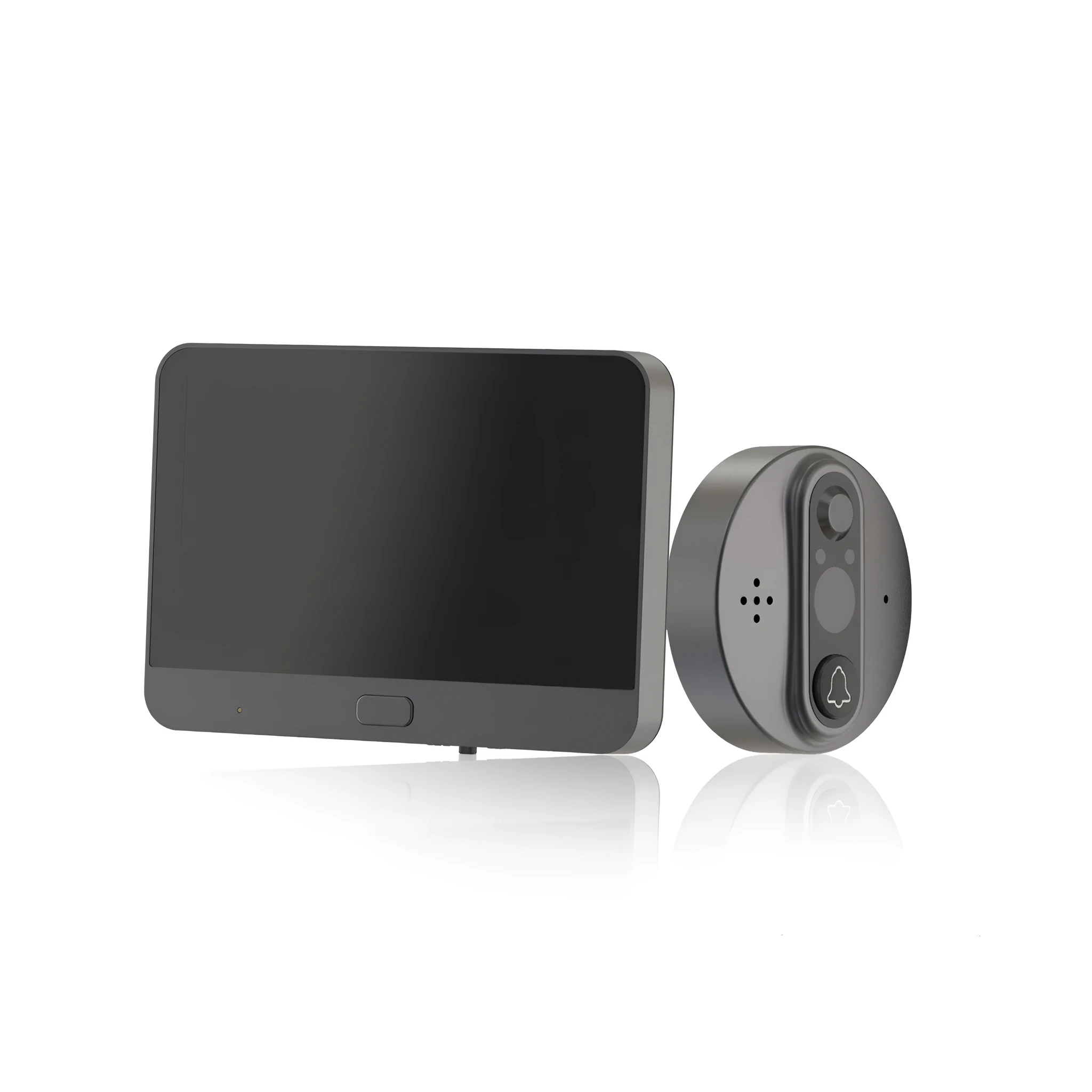 5-inch WiFi smart electronic peephole with black housing, LCD screen, and doorbell button for home security