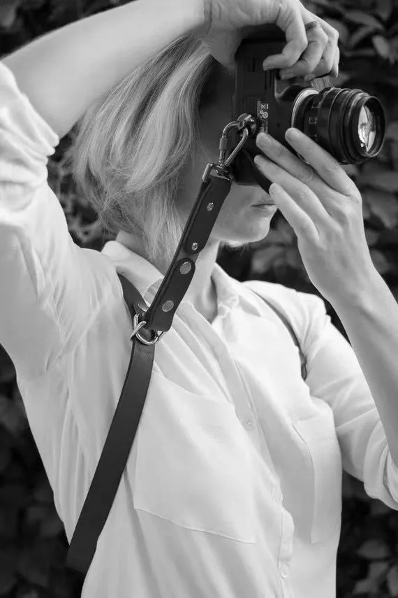 Leather camera strap lanyard with pin buckle in multiple colour options including red and black