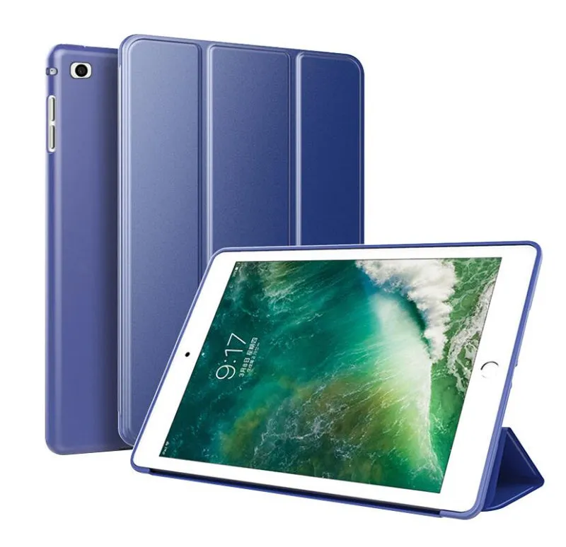 Black TPU silicone clamshell case for iPad Air 2 with built-in stand folded out.