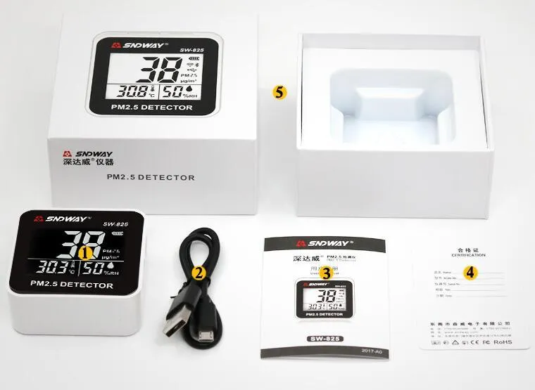 Digital air quality monitor with laser PM2.5 detector, temperature and humidity display, USB rechargeable battery