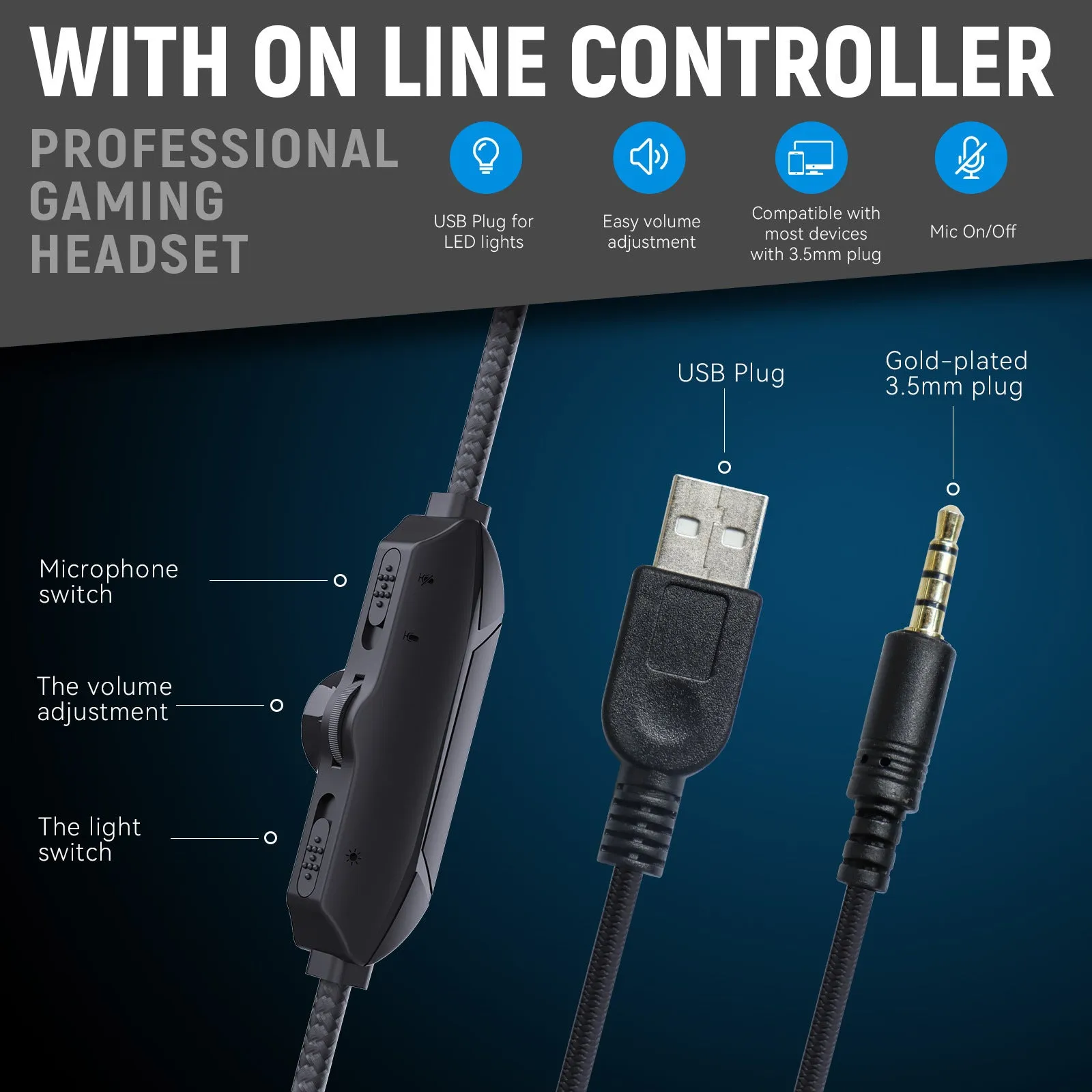 Multi In One Game Wired Headphones with 50mm drivers and protein PU leather earmuffs on a black background