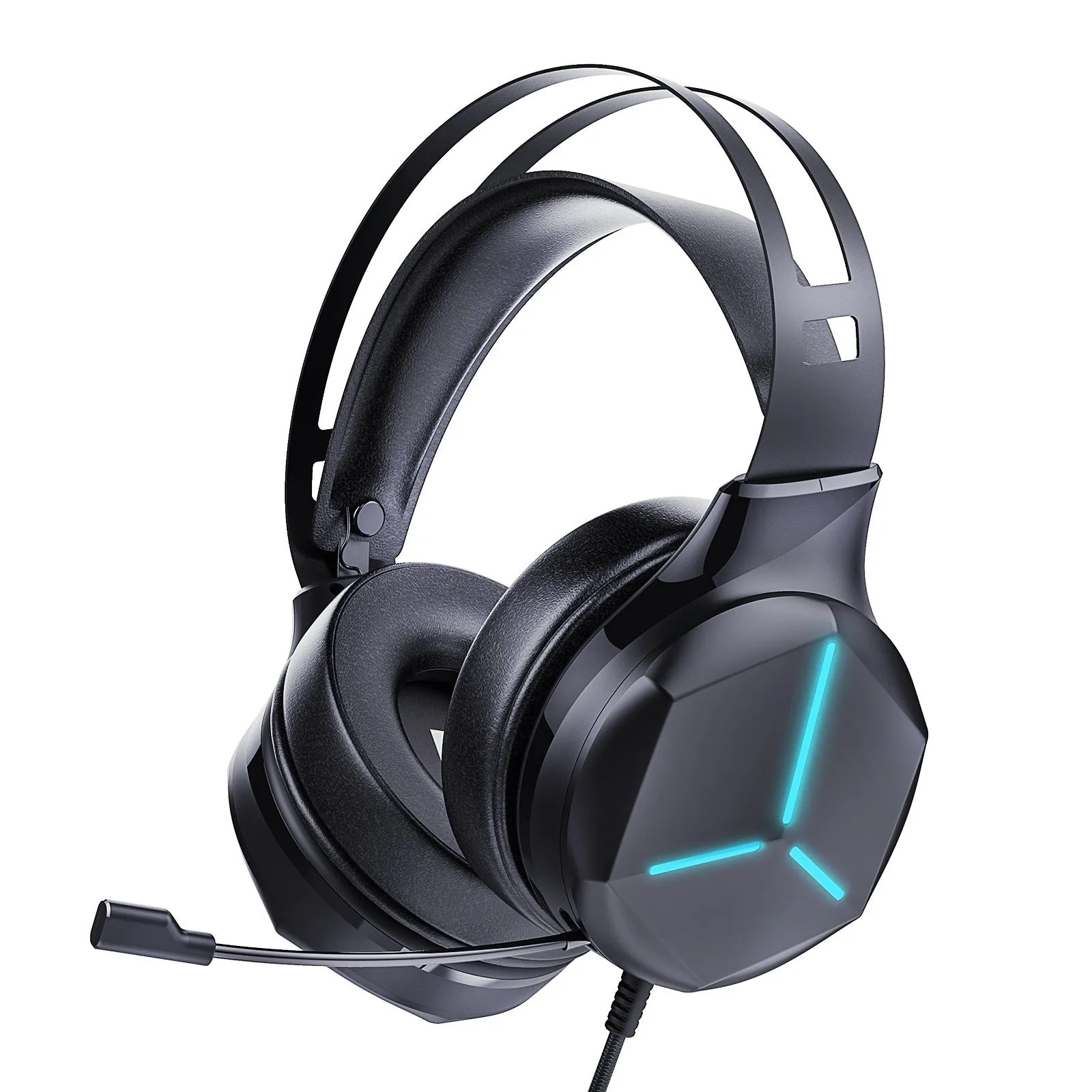 Multi In One Game Wired Headphones with 50mm drivers and protein PU leather earmuffs on a black background