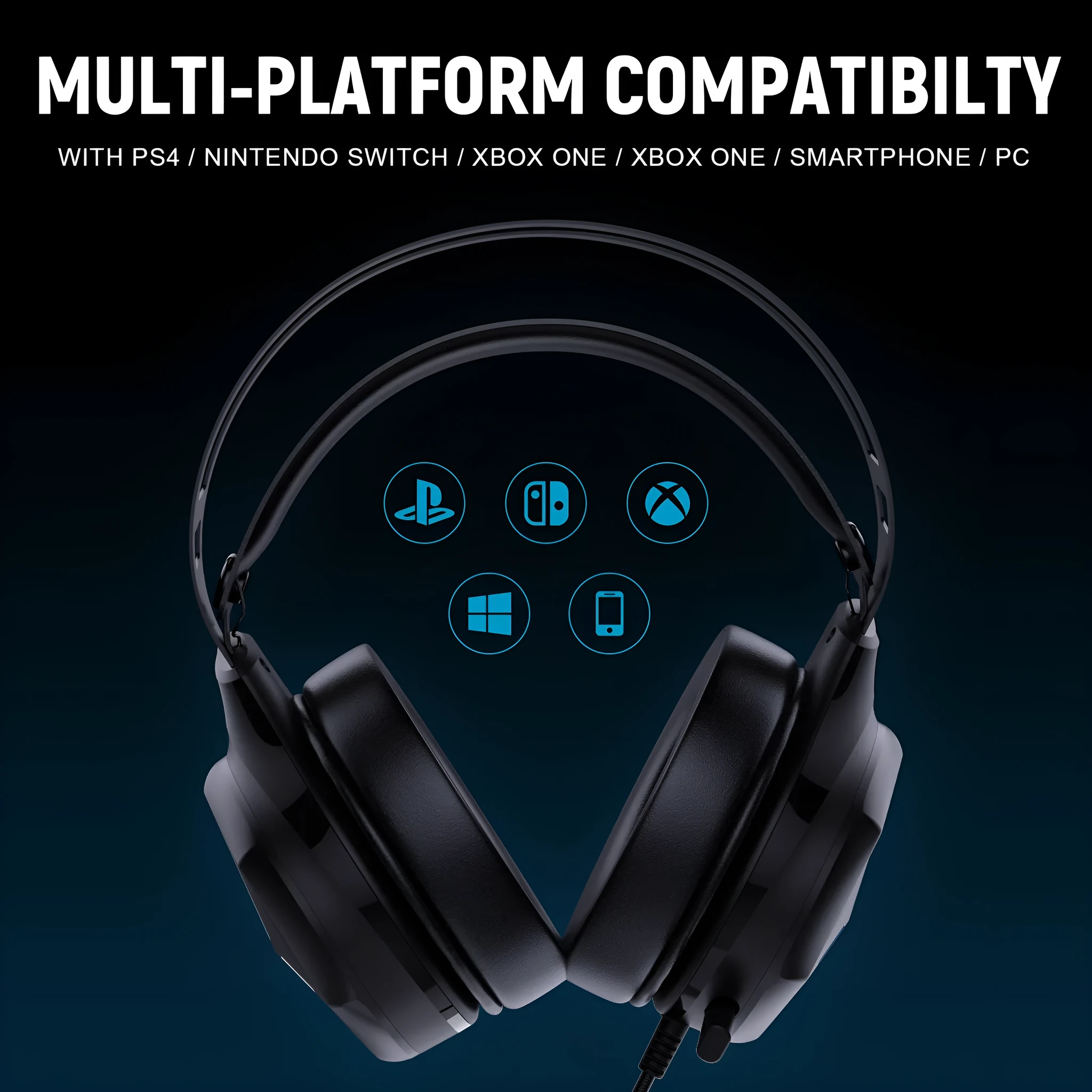 Multi In One Game Wired Headphones with 50mm drivers and protein PU leather earmuffs on a black background