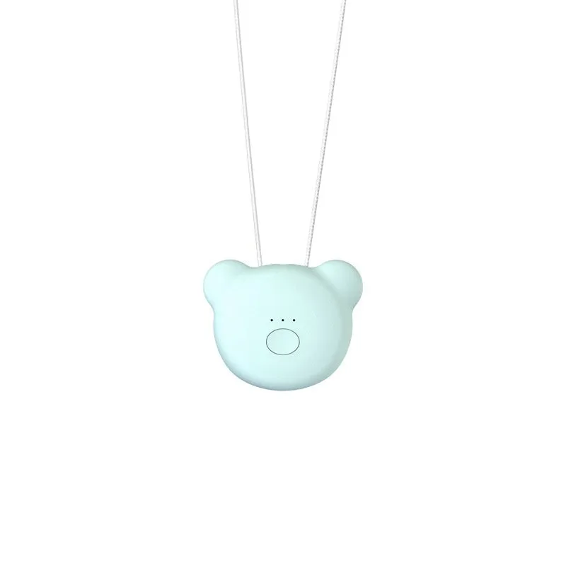 Mini USB portable air purifier necklace in blue, shown worn and with USB cable.