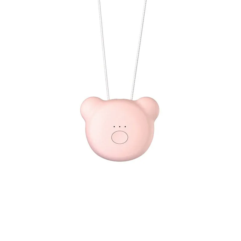 Mini USB portable air purifier necklace in blue, shown worn and with USB cable.