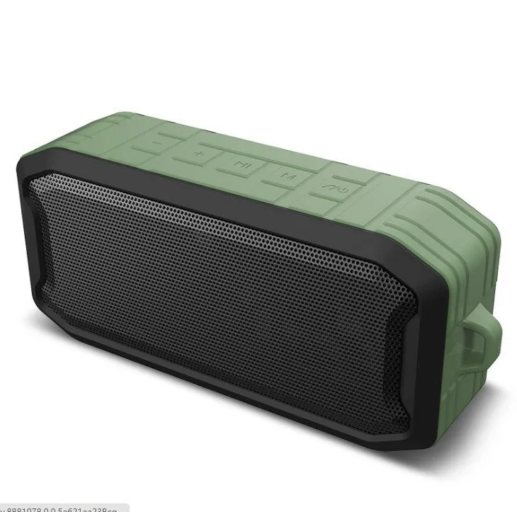 Mini portable Bluetooth speaker with silicone body, 5W output, 1200mAh battery, available in black, green, and red