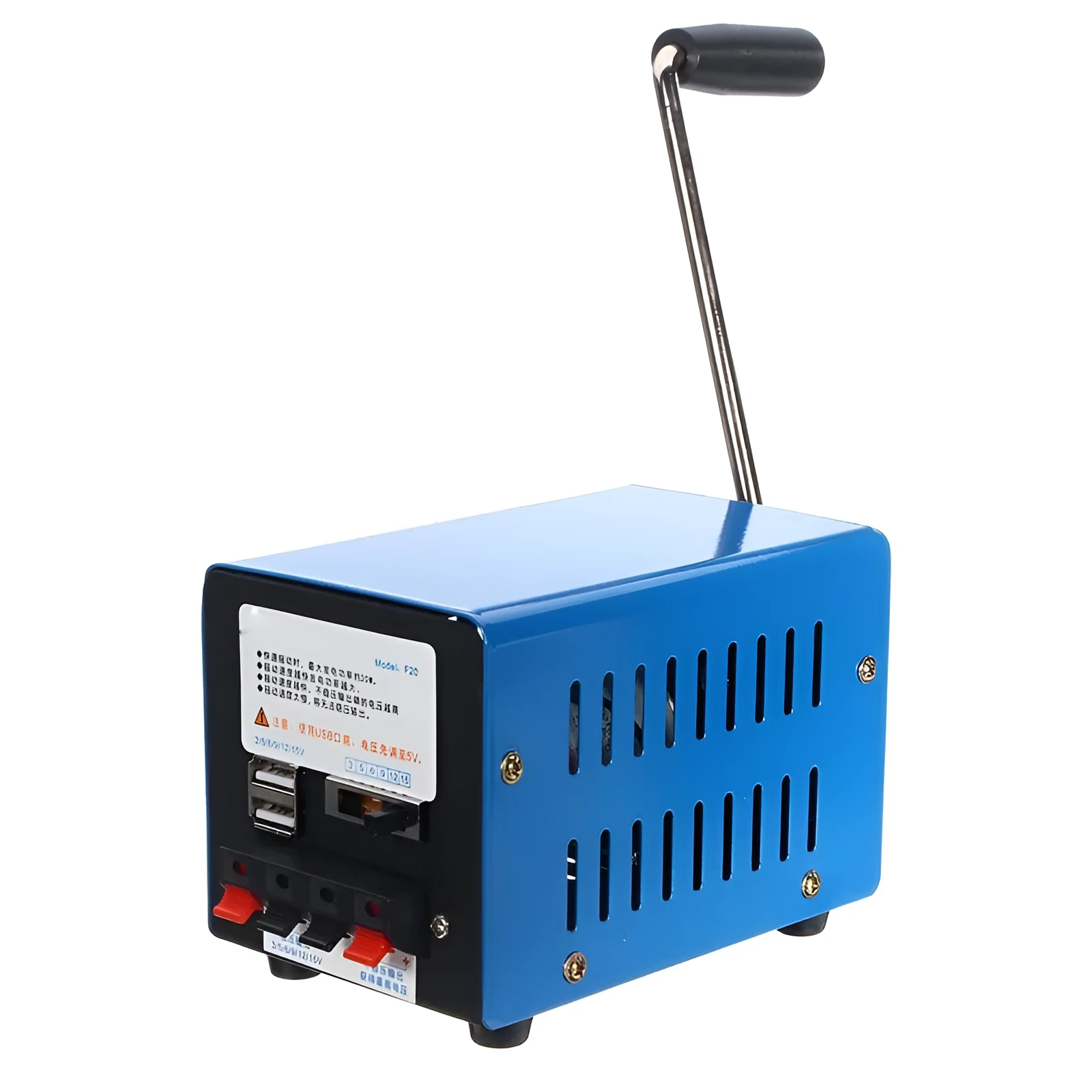 Blue metal hand crank emergency USB generator with compact 125x80x85mm dimensions
