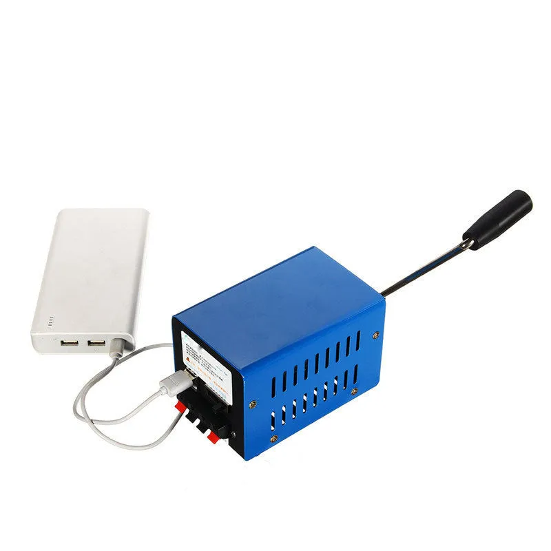 Blue metal hand crank emergency USB generator with compact 125x80x85mm dimensions