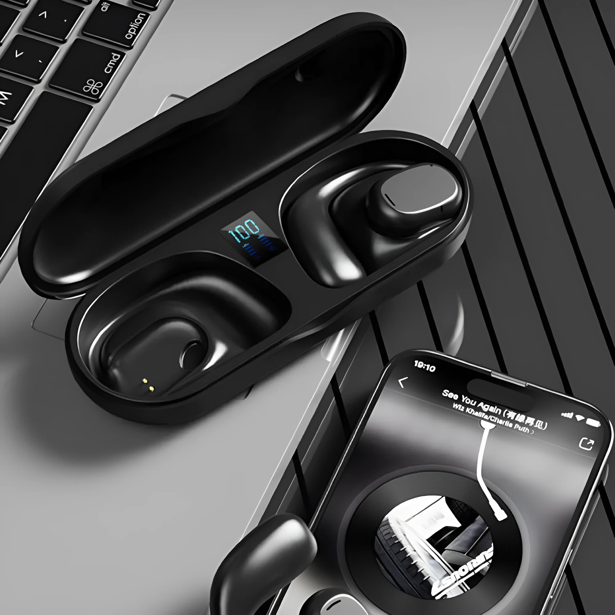 Wireless sports headphones with digital display and charging case in black