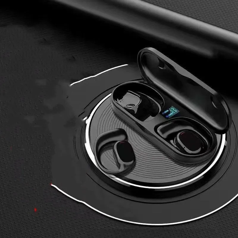 Wireless sports headphones with digital display and charging case in black
