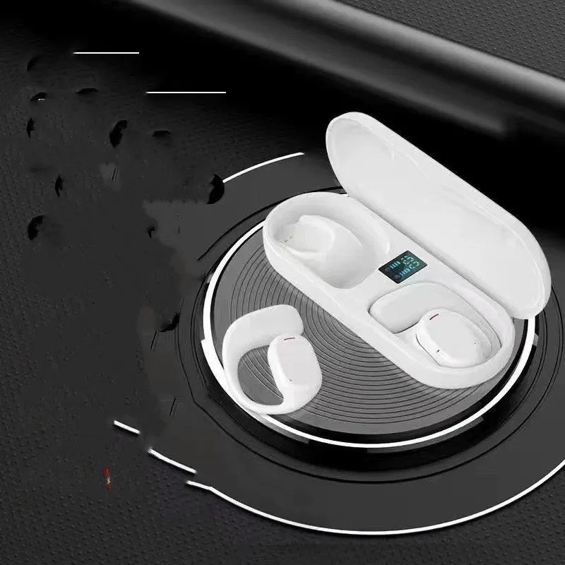 Wireless sports headphones with digital display and charging case in black