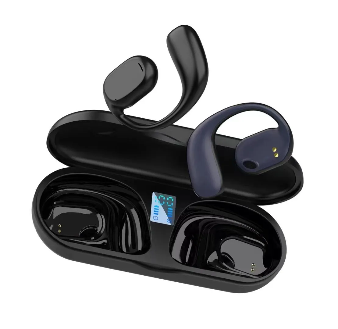 Wireless sports headphones with digital display and charging case in black