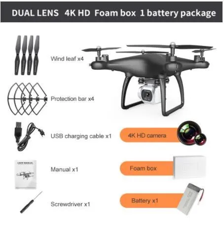 Cross-border drone remote control helicopter with HD 4K dual lens camera in black plastic finish