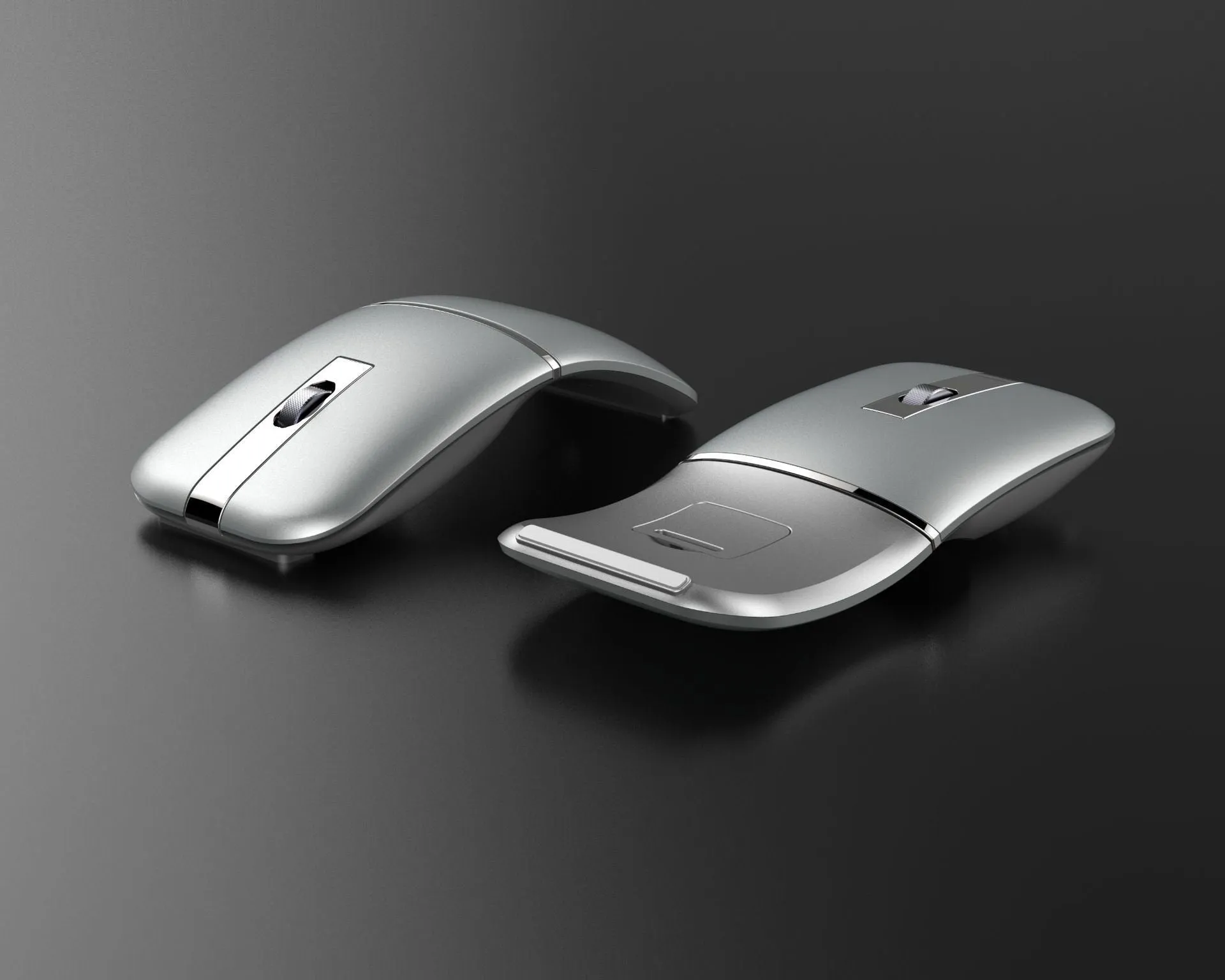 Crystal silver dual-mode Bluetooth wireless mouse with foldable ultra-thin design on a desk