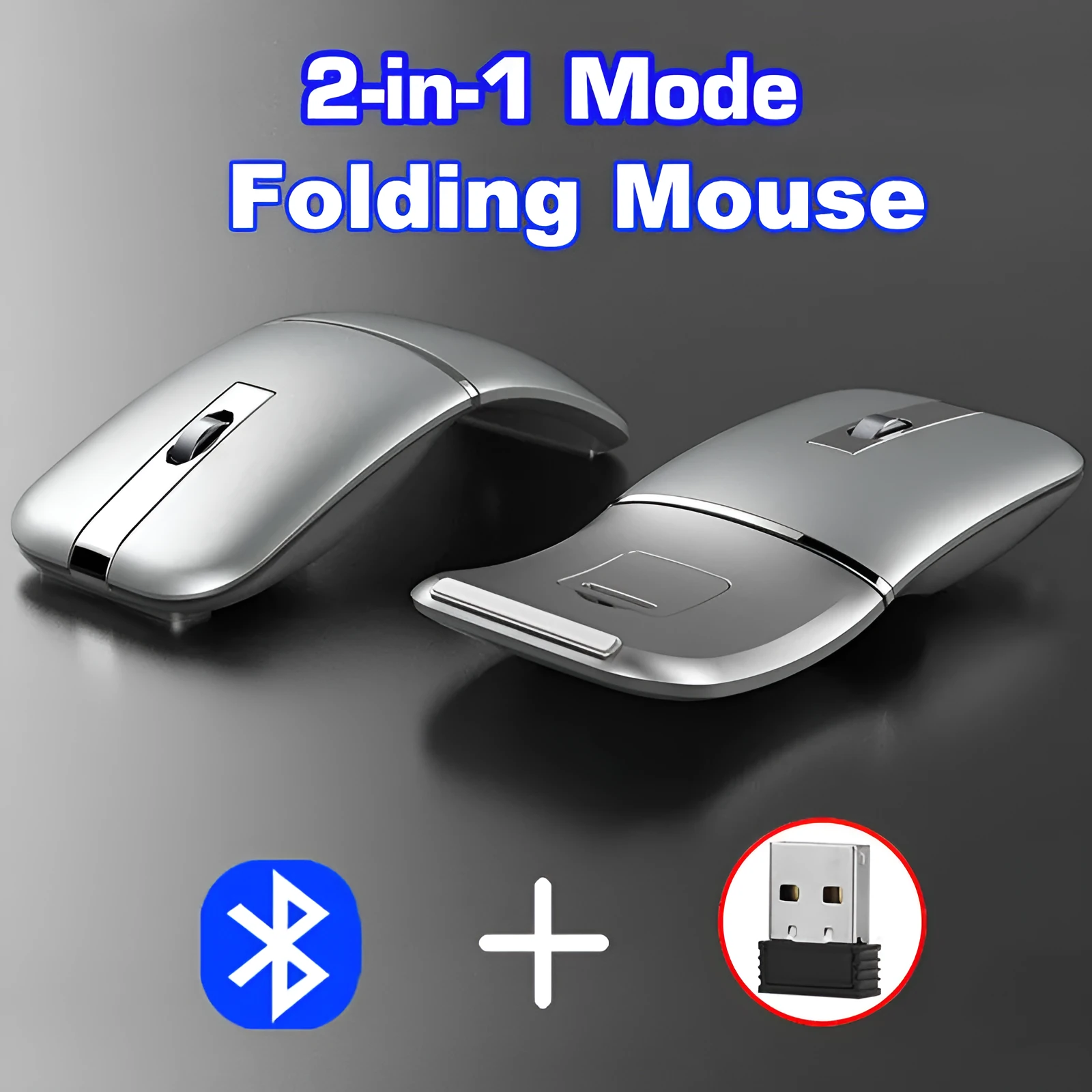 Crystal silver dual-mode Bluetooth wireless mouse with foldable ultra-thin design on a desk